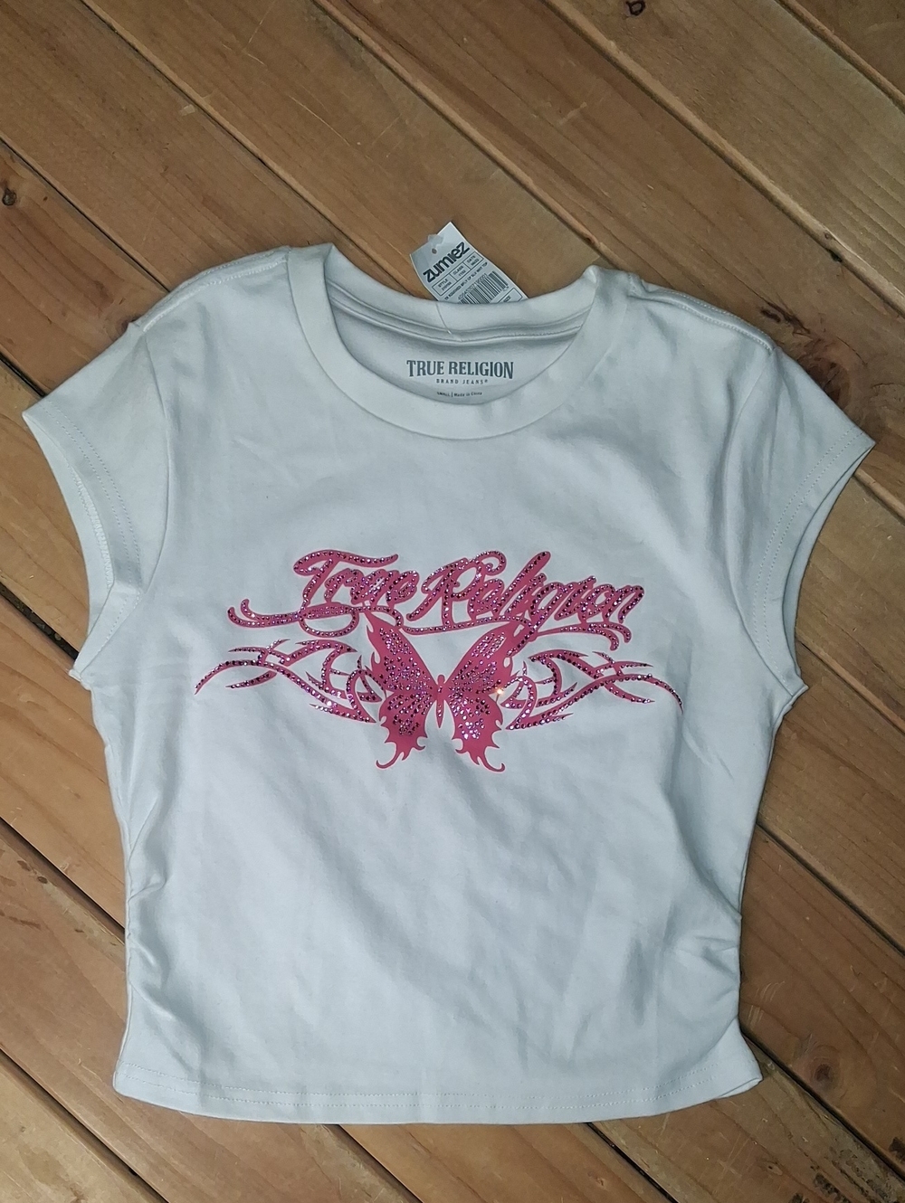 True Religion Womens Crop with Pink Butterfly Graphic
